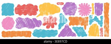 Pastel textured wavy geometric shape set. Text boxes crayon kids frames pack. Oval, circle, speech bubble square figures. Vector hand drawn quote tria Stock Vector