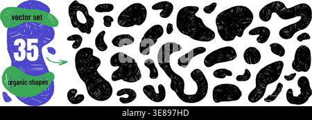 Crayon abstract organic shapes in black for animal pattern print. Bold charcoal blobs with irregular uneven texture as a vector set. Abstract chalk sp Stock Vector