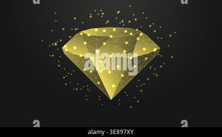 Low poly wireframe diamond gemstone on dark background. Stock Vector
