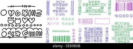 Naive scribble set with doodle quirky kid primitive annotation elements. Playful scribbles sketch in vector design for fun decor. Whimsical hearts and Stock Vector