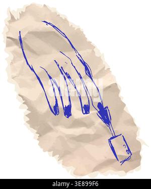 Manicure hand scribble drawing emoji on crumpled craft cardboard torn piece for painting nails girly reaction for online chats. Paper cut sticker, mod Stock Vector
