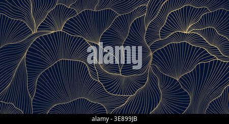 Luxury Art Deco pattern, elegant gold line shells, geometric floral wave elements on blue background. Vintage vector design 1920s, 1930s retro style Stock Vector