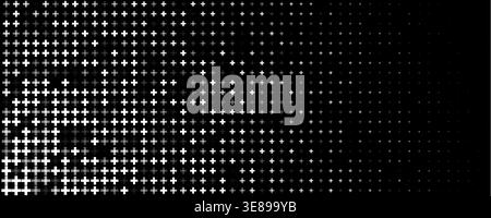 Cross Background Pattern Halftone Gradient Plus Symbols Forming Geometric Monochrome Black White Grid with Shimmer Glowing Effect For Tech Science Stock Vector