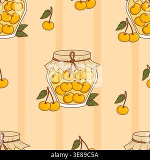 Seamless Pattern. Homemade Yellow Sweet Cherry Jam Jars on Vertical Striped Beige Background. Elegant Retro Fruit Eco-friendly Natural Rainier Cherry Stock Vector