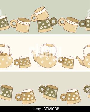 Seamless Borders with Handcrafted Ceramic Kitchenware. Teapots and Mugs on Earth Tones Background. Isolated Horizontal Ribbons. Washi Tape Set. Vector Stock Vector
