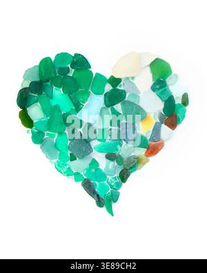 Heart made of a mosaic of blue and green sea glass isolated on white background Stock Photo