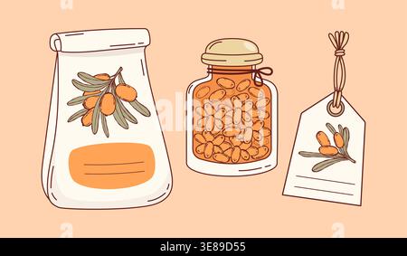 Homemade Sea Buckthorn Product Set. Paper Bag, Glass Small Jar Jam and Hanging Price Tag with Orange Berries. Organic Eco-Friendly Food. Isolated Vect Stock Vector