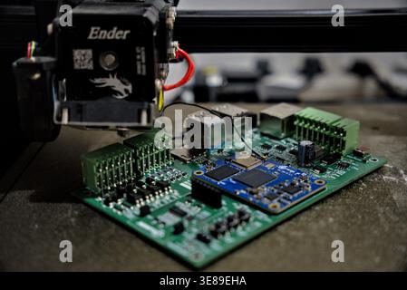Jakarta, Indonesia - April 9, 2026: Close-up of a printed circuit board (PCB) showing electronic components and visible brand logo used in industrial Stock Photo