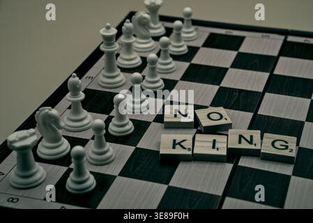 Chessboard Without King Representing Leadership Crisis and Strategic Uncertainty Stock Photo