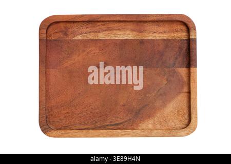 Empty rectangular wooden tray on isolated white background. Natural organic serving board for kitchen or restaurant. Rustic food plating accessory for Stock Photo
