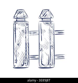 Wooden fence section drawing. Hand drawn illustration of cottage picket boundary. Nautical beach theme decor element and coastal style garden Stock Vector