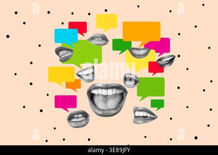 Collage of a lot of mouths and colored speech bubbles on a pink background with black dots Stock Photo