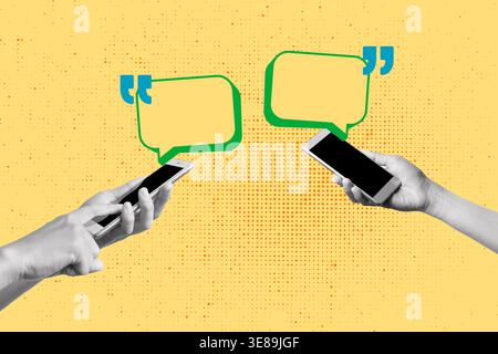 Collage of women hands holding smartphones and two blank speech bubbles on a yellow background with black dots Stock Photo