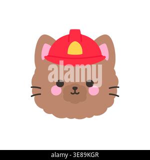 Cute kawaii brown cat face wearing red firefighter helmet vector illustration clipart sticker Stock Vector