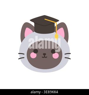 Cute kawaii gray cat face wearing black graduation cap with gold tassel vector illustration clipart sticker Stock Vector