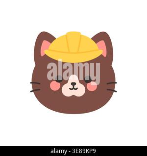 Cute kawaii brown cat face wearing yellow construction hard hat vector illustration clipart sticker Stock Vector