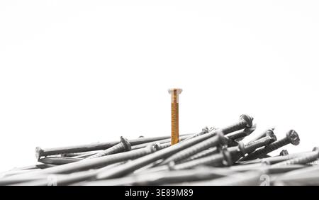 Collection of Metal Nails With One Golden Nail Standing out Among Them in a Set Stock Photo