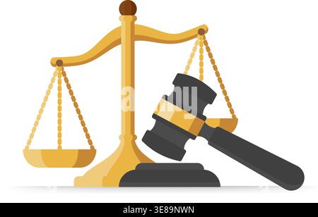Vector graphic showing a balanced scale and wooden mallet symbolizing law, court, and authority stock illustration. Stock Vector