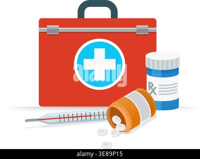 Vector graphic featuring a red medical kit, pill containers, and a clinical thermometer for healthcare concepts. Stock Vector