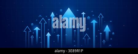 Blue neon arrows growing up, financial success abstract vector background. Modern upward graphic, market rise, stock progress metrics, and business success strategy with futuristic design elements. Stock Vector