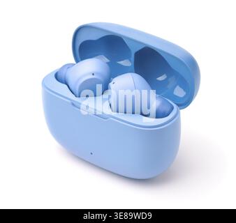 Pair of blue true wireless earbuds in charging case isolated on white Stock Photo