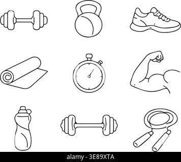 Minimal continuous one line fitness equipment and workout icons set isolated on white background Stock Vector