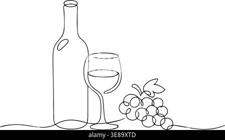 Minimal continuous one line drawing of wine bottle, wine glass and grapes isolated on white background Stock Vector