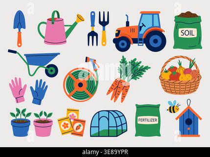 Gardening tools and agriculture elements icon set. Flat vector illustration Stock Vector