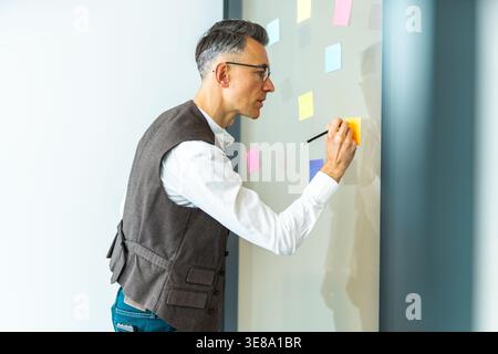 Man writes on sticky notes on a wall during a brainstorming session in an office space Stock Photo