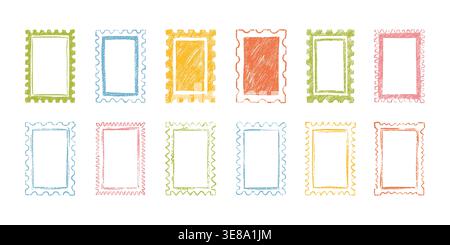 Set of colorful hand drawn crayon doodle childish postage stamp frames. Sketch postage stamp kid scrapbook design element. Scallop edge, zigzag, undul Stock Vector