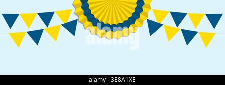 Wavy ukrainian banner with layered rosette circles and ribbon curls in blue and yellow colors. A festive patriotic border for posters cards and Stock Vector