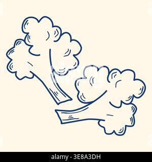 Broccoli, hand drawn blue ink clip art. Doodle style cauliflower florets. Healthy organic food, nutritional product. Vector graphic. Stock Vector