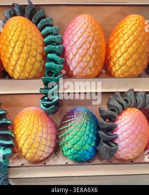 3D printed different art objects. Objects printed on 3D printer from melted colored plastic. Multicolored models created on 3D printer from threads of molten plastic. Modern new additive technologies Stock Photo
