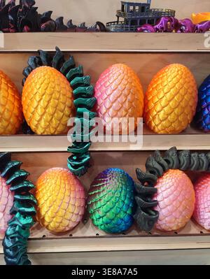 3D printed different art objects. Objects printed on 3D printer from melted colored plastic. Multicolored models created on 3D printer from threads of molten plastic. Modern new additive technologies Stock Photo