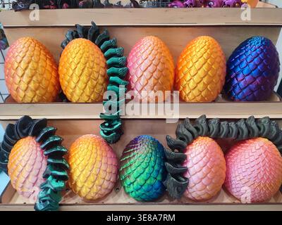 3D printed different art objects. Objects printed on 3D printer from melted colored plastic. Multicolored models created on 3D printer from threads of molten plastic. Modern new additive technologies Stock Photo