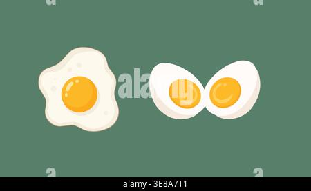 Fried egg and boiled egg halves illustration set isolated on green background for food breakfast and nutrition concept Stock Vector
