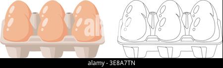 Egg carton illustration set with colored and outline versions showing eggs in tray isolated on light background for food and packaging concept Stock Vector