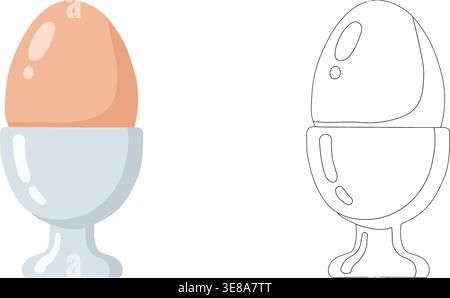 Boiled egg in egg cup illustration set with colored and outline versions isolated on light background for food and breakfast concept Stock Vector