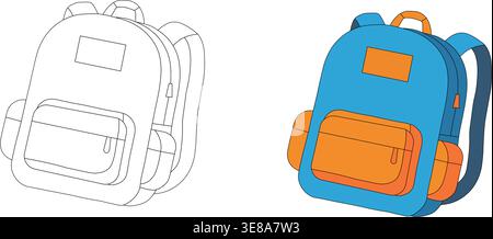 School backpack illustration set with outline and colored versions isolated on light background for education and student concept Stock Vector