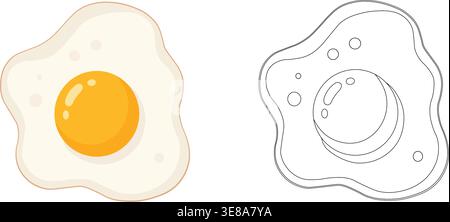 Fried egg illustration set with colored and outline versions isolated on light background for food and cooking concept Stock Vector