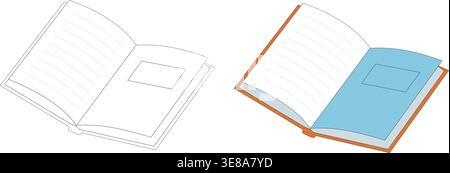 Open notebook illustration set including outline sketch and colored book isolated on light background for education and writing concept Stock Vector