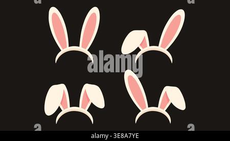 Set of bunny ears headbands in different styles isolated on dark background for easter costume and party design Stock Vector