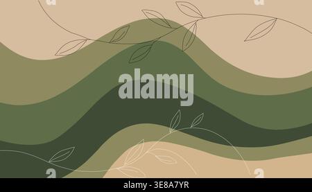 Abstract organic background with green waves and leaf line art representing nature eco design and modern minimal concept Stock Vector