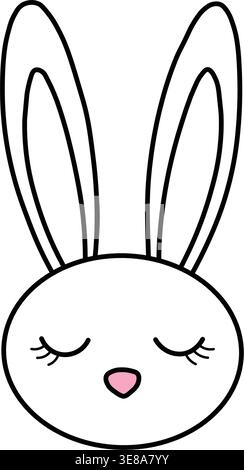Cute bunny face outline with closed eyes and long ears simple cartoon illustration isolated on light background for easter and kids design Stock Vector