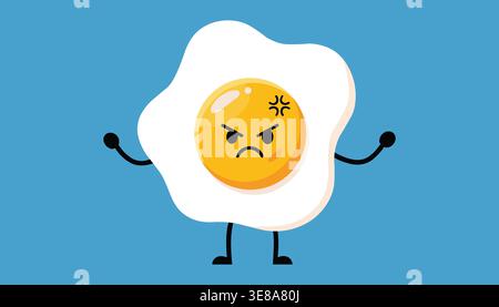 Angry fried egg character with facial expression isolated on blue background representing emotion humor and food illustration concept Stock Vector