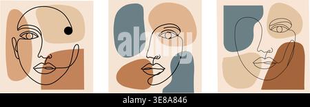 Abstract face line art set with modern shapes and minimal design representing contemporary art and creative expression concept Stock Vector
