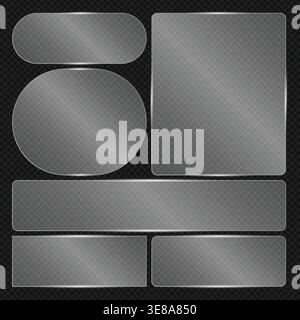 Set of transparent glass UI panels and rounded interface blocks isolated on dark background for web and app design Stock Vector