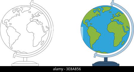 Set of globe illustrations including outline and colored world map on stand representing geography education and global concept Stock Vector