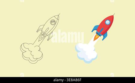 Set of rocket launch illustrations including outline sketch and colored rocket taking off representing startup growth and innovation concept Stock Vector