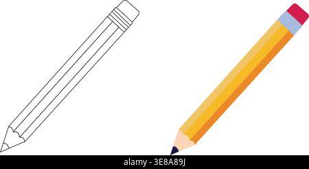 Set of pencil illustrations including outline sketch and colored pencil isolated on light background for education and drawing concept Stock Vector